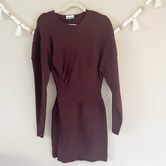 NEW Ganni Mini Sweater Dress Women's Size Small Maroon Ribbed Knit Long Sleeve - Picture 6 of 7